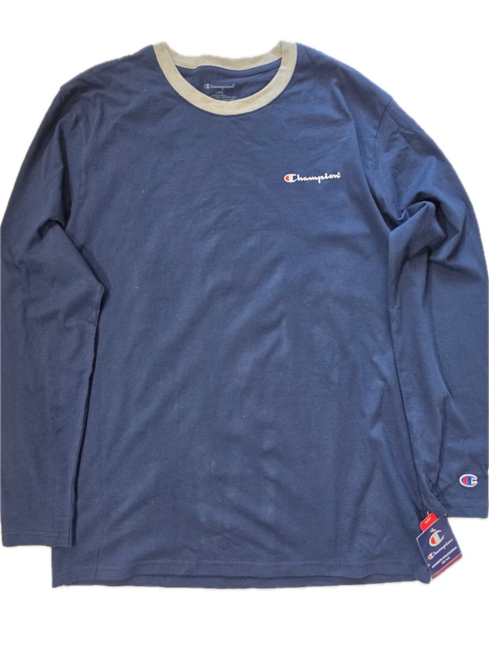 Champion Pajama Top Mens L Blue Crewneck Long Sleeve Ringer Logo Cotton